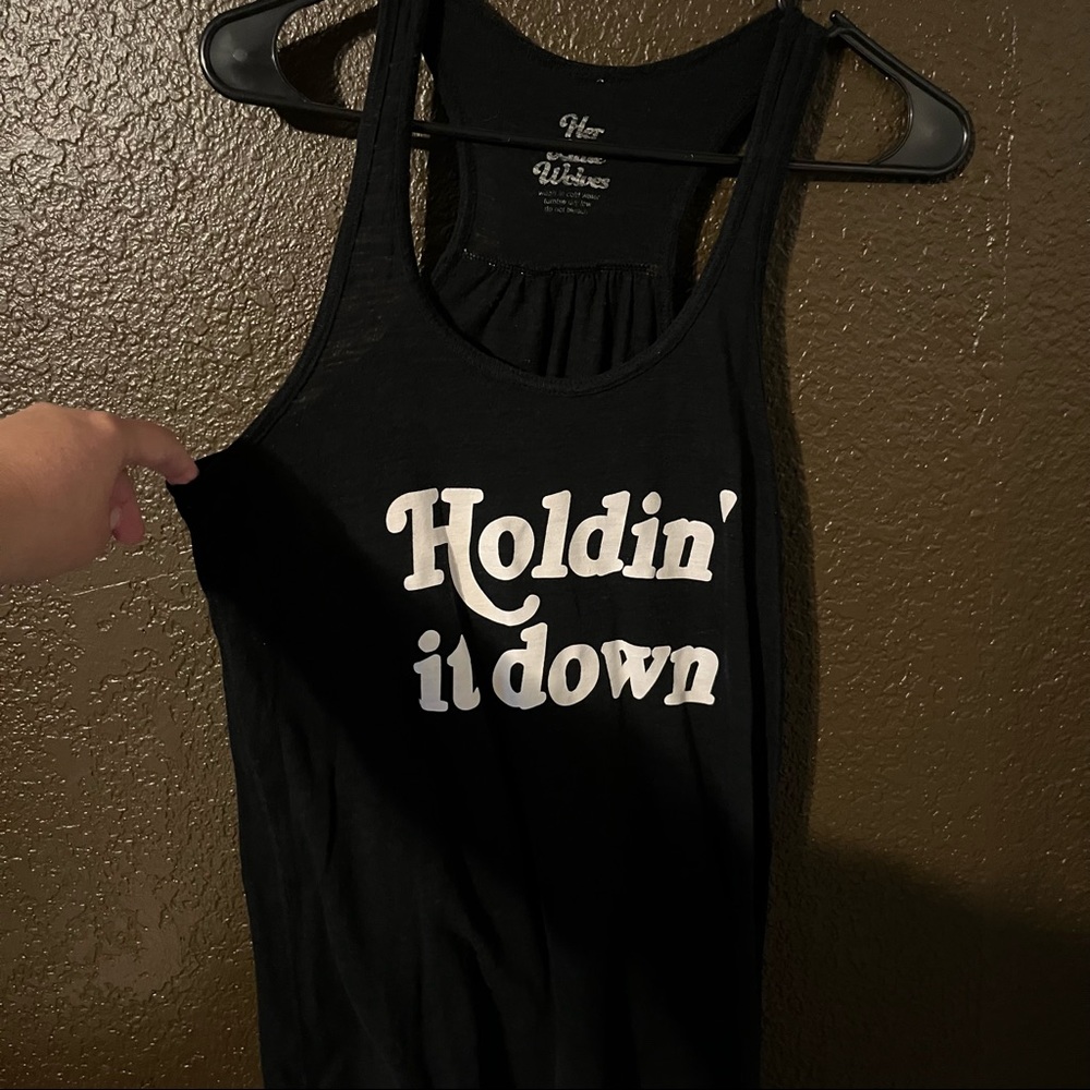 Black Racerback ‘Holdin It Down’ Tank by Her Little Wolves, Size Medium